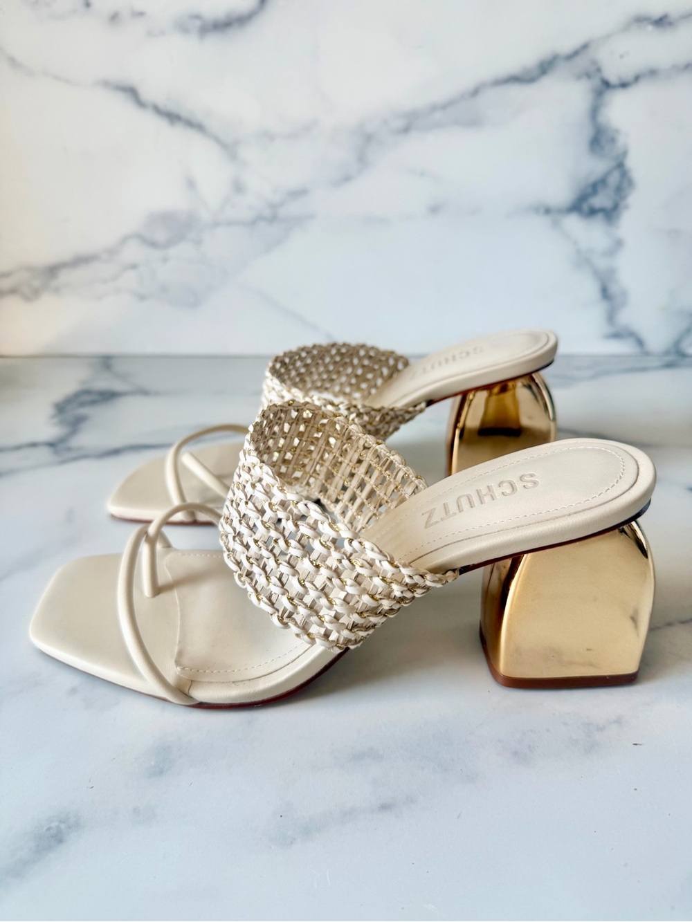 NEW Schutz Aberdeen Mid Sugar White Woven Block Heel Sandals 7.5